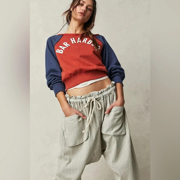 NWOT M Free People Runyon
Oversize Stripe Pant Harem Sky
Blue Drawstring - Picture 1 of 8